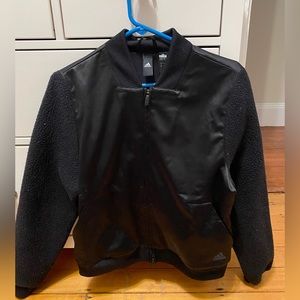 ADIDAS SHERPA AND SATIN TRACK BOMBER JACKET